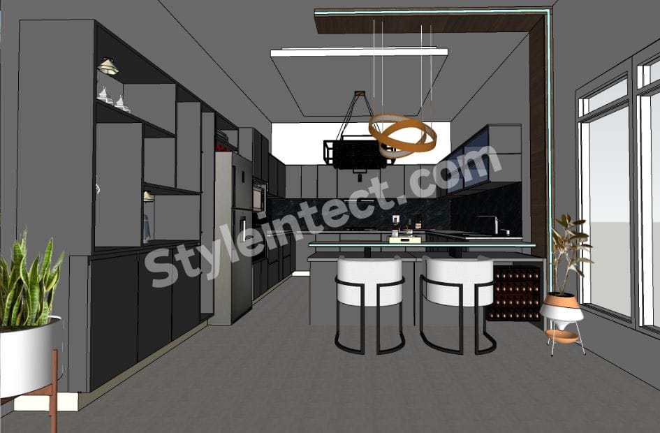 Modern Black Modular Kitchen Design with Island Layout, Matte Charcoal Cabinets, Premium Countertop and Contemporary Kitchen Interior by StyleIntect.