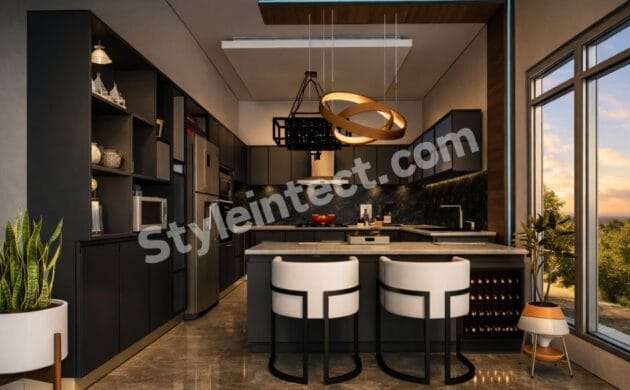 Modern Black Modular Kitchen Design with Island Layout, Matte Charcoal Cabinets, Premium Countertop and Contemporary Kitchen Interior by StyleIntect.