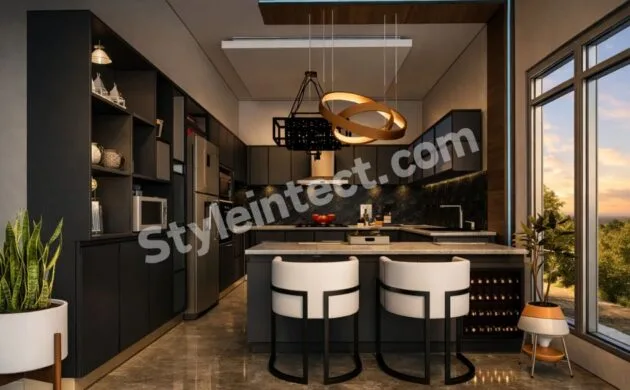 Modern Black Modular Kitchen Design with Island Layout, Matte Charcoal Cabinets, Premium Countertop and Contemporary Kitchen Interior by StyleIntect.