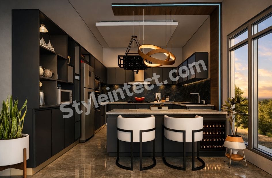 Modern Black Modular Kitchen Design with Island Layout, Matte Charcoal Cabinets, Premium Countertop and Contemporary Kitchen Interior by StyleIntect.