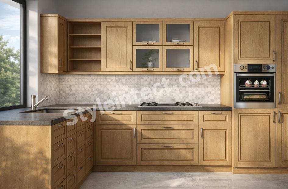 Natural Oak L-Shaped Modular Kitchen Design with Raised-Panel Wooden Cabinets, Grey Stone Countertop, Built-In Oven, Open Shelving, and Warm, Luxury Kitchen Interior.
