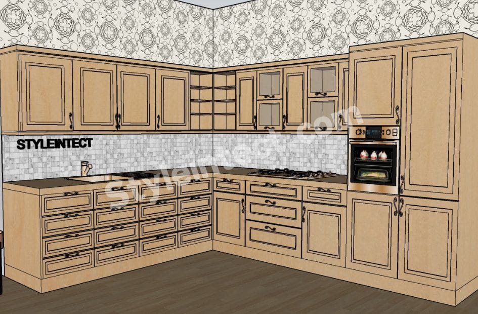 Natural Oak L-Shaped Modular Kitchen Design with Raised-Panel Wooden Cabinets, Grey Stone Countertop, Built-In Oven, Open Shelving, and Warm, Luxury Kitchen Interior.