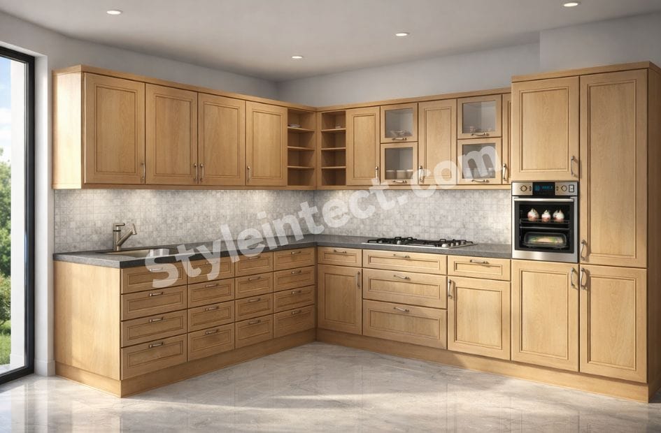 Natural Oak L-Shaped Modular Kitchen Design with Raised-Panel Wooden Cabinets, Grey Stone Countertop, Built-In Oven, Open Shelving, and Warm, Luxury Kitchen Interior.