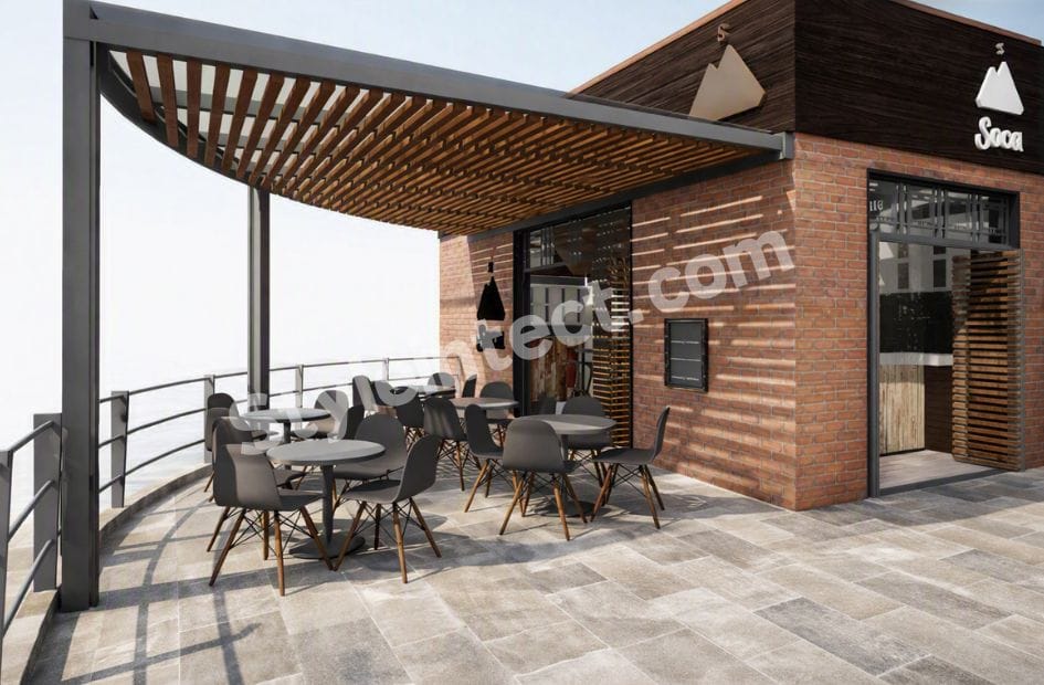 Modern industrial café interior design with marble coffee counter, bakery display showcase, rustic wooden cladding, coffee typography wall, outdoor terrace seating, brick exterior, and wooden pergola.