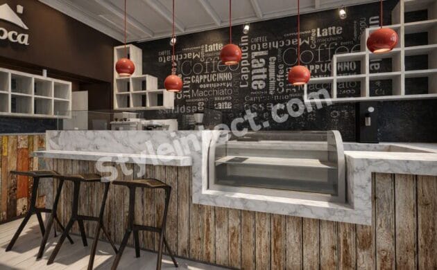 Modern industrial café interior design with marble coffee counter, bakery display showcase, rustic wooden cladding, coffee typography wall, outdoor terrace seating, brick exterior, and wooden pergola.