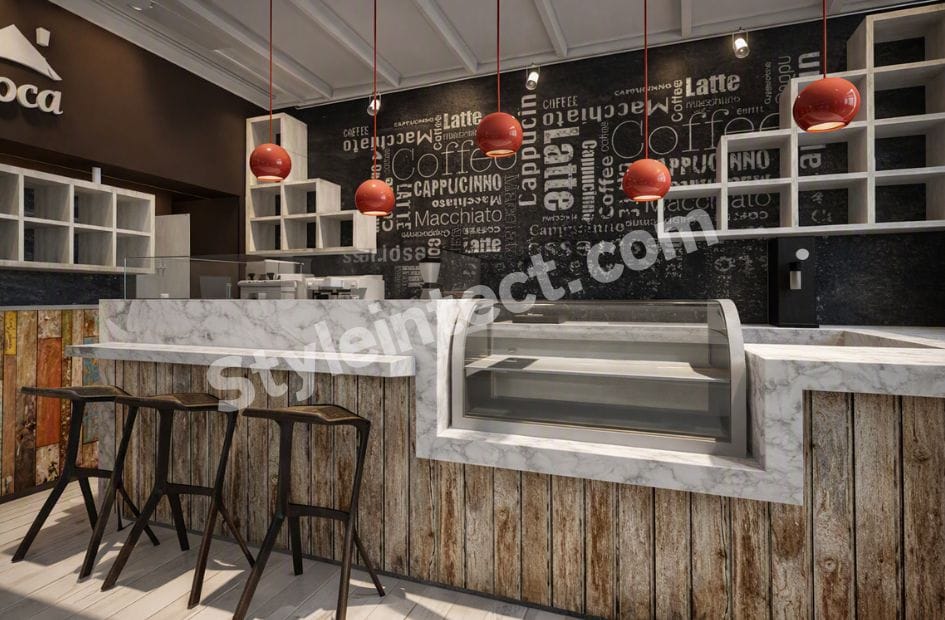 Modern industrial café interior design with marble coffee counter, bakery display showcase, rustic wooden cladding, coffee typography wall, outdoor terrace seating, brick exterior, and wooden pergola.