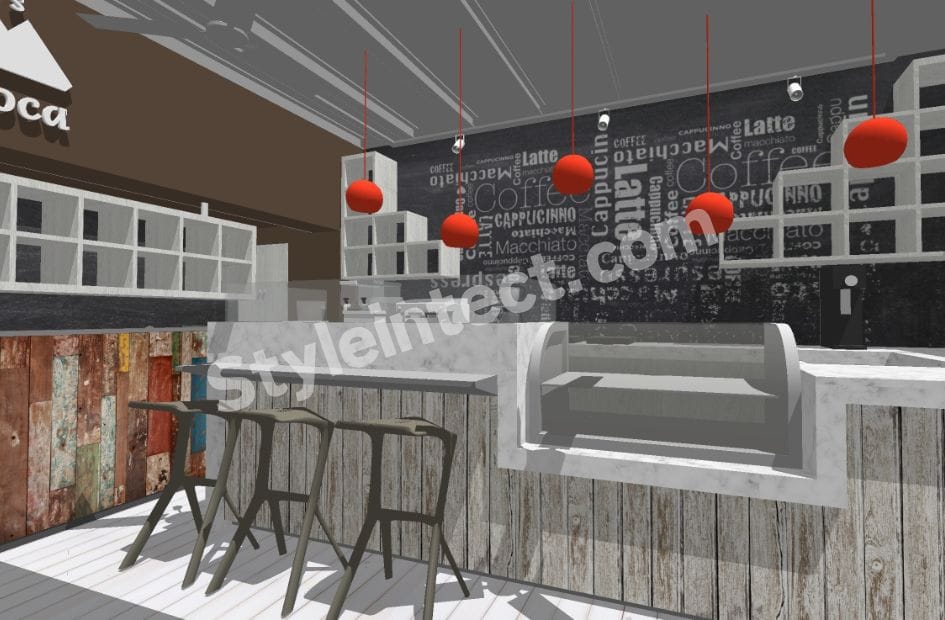 Modern industrial café interior design with marble coffee counter, bakery display showcase, rustic wooden cladding, coffee typography wall, outdoor terrace seating, brick exterior, and wooden pergola.