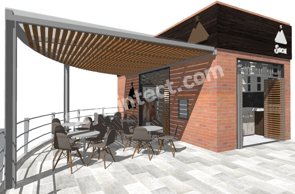 Modern industrial café interior design with marble coffee counter, bakery display showcase, rustic wooden cladding, coffee typography wall, outdoor terrace seating, brick exterior, and wooden pergola.