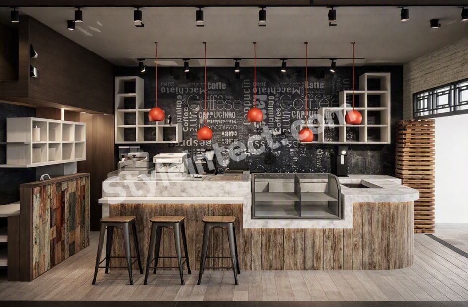 Modern industrial café interior design with marble coffee counter, bakery display showcase, rustic wooden cladding, coffee typography wall, outdoor terrace seating, brick exterior, and wooden pergola.