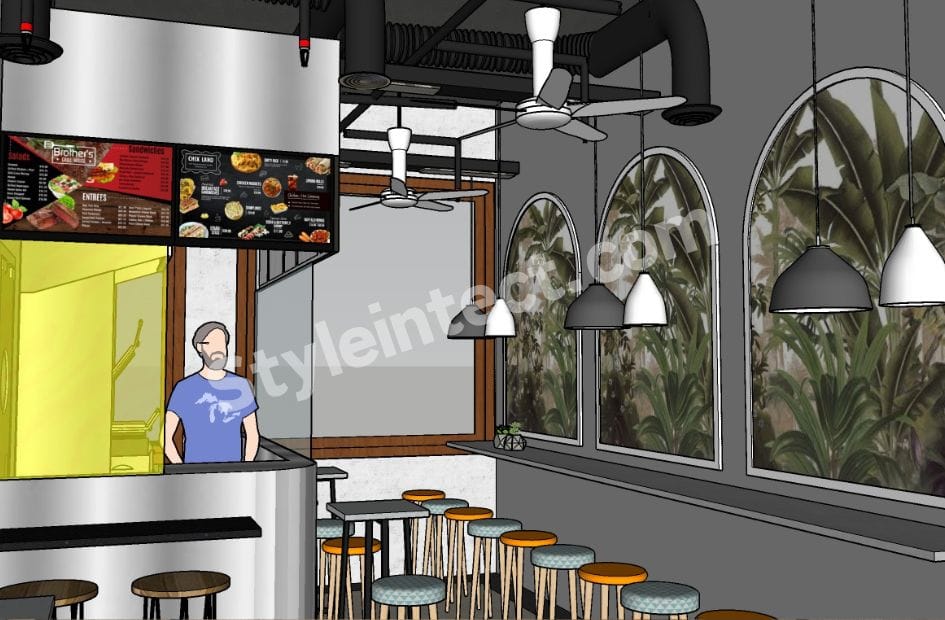 Modern industrial café interior design with stainless steel service counter, pendant lighting, wall seating, exposed ceiling, and premium commercial space planning by StyleIntect.