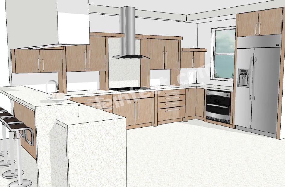 Modern U-shaped Modular Kitchen Design with natural wooden cabinets, white stone countertops, built-in appliances, breakfast counter, and luxury kitchen interior by StyleIntect.
