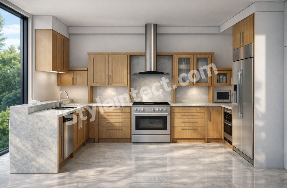 Modern U-shaped Modular Kitchen Design with natural wooden cabinets, white stone countertops, built-in appliances, breakfast counter, and luxury kitchen interior by StyleIntect.