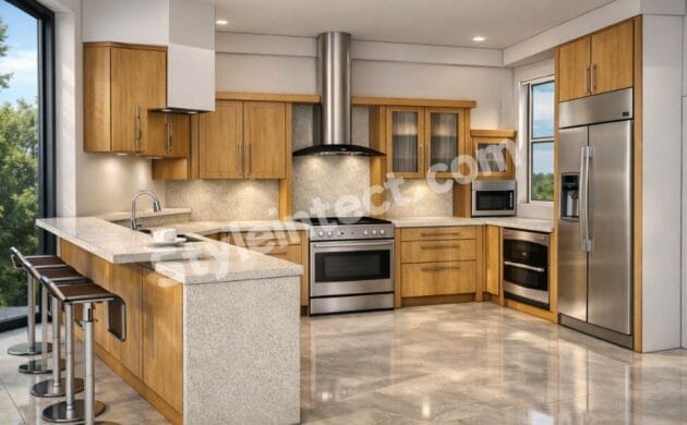 Modern U-shaped Modular Kitchen Design with natural wooden cabinets, white stone countertops, built-in appliances, breakfast counter, and luxury kitchen interior by StyleIntect.