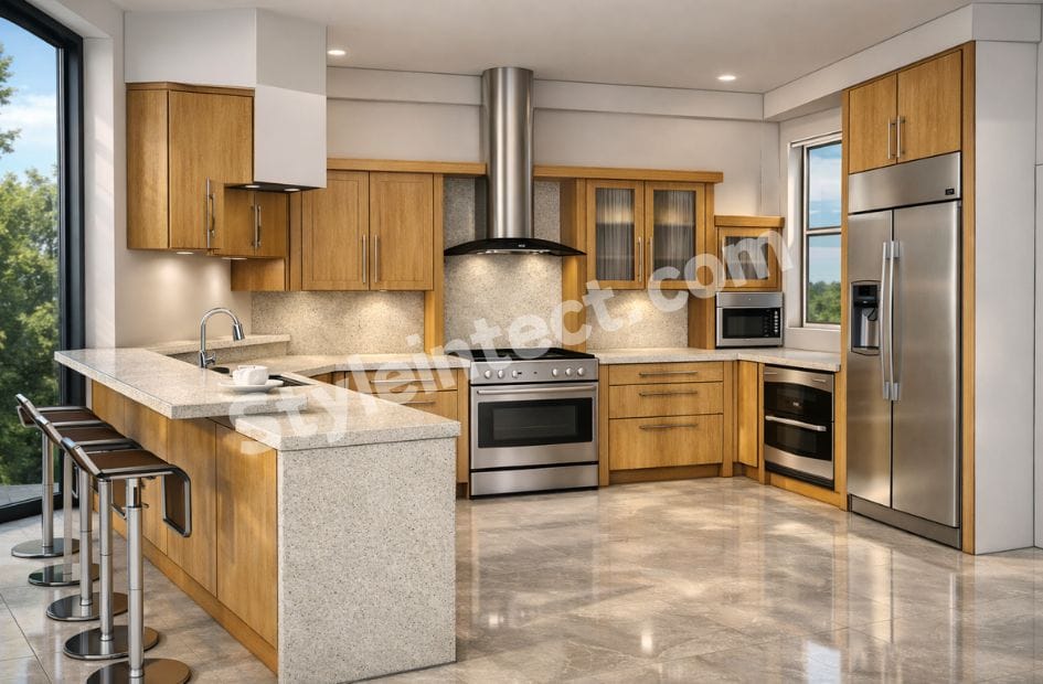 Modern U-shaped Modular Kitchen Design with natural wooden cabinets, white stone countertops, built-in appliances, breakfast counter, and luxury kitchen interior by StyleIntect.