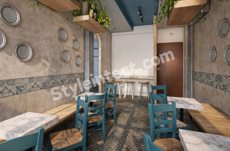 Modern Industrial Restaurant Interior Design with Mediterranean Style and Smart Space Planning