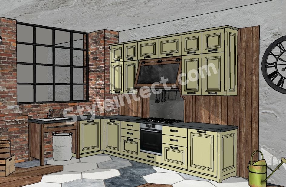 L-Shaped Rustic Modular Kitchen Design with Cream Raised Panel Cabinets, Exposed Brick Walls and Dark Stone Countertop by StyleIntect Primary Keyword: L-Shaped Rustic Modular Kitchen Design