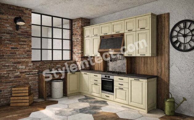 L-Shaped Rustic Modular Kitchen Design with Cream Raised Panel Cabinets, Exposed Brick Walls and Dark Stone Countertop by StyleIntect Primary Keyword: L-Shaped Rustic Modular Kitchen Design