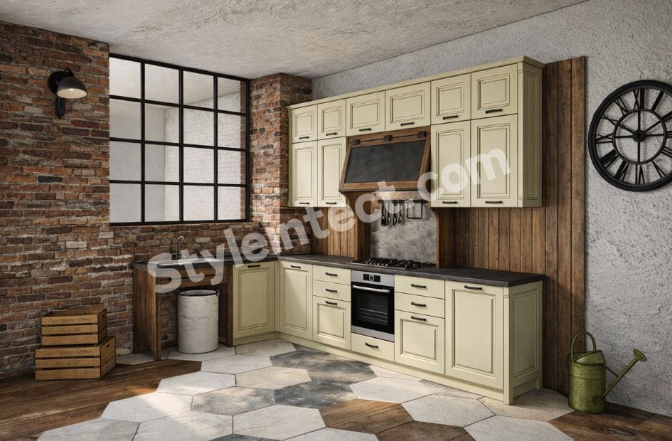 L-Shaped Rustic Modular Kitchen Design with Cream Raised Panel Cabinets, Exposed Brick Walls and Dark Stone Countertop by StyleIntect Primary Keyword: L-Shaped Rustic Modular Kitchen Design