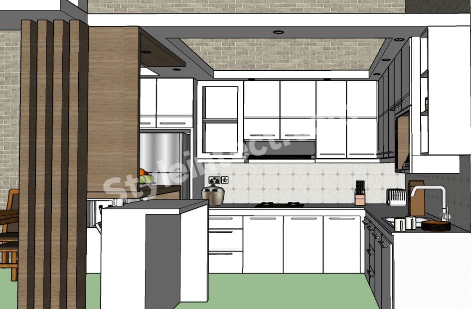 Modern Modular Kitchen Design with U-Shaped White Cabinets, Stone Countertops, Wooden Accents, and Luxury Kitchen Interior for Contemporary Homes