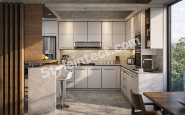 Modern Modular Kitchen Design with U-Shaped White Cabinets, Stone Countertops, Wooden Accents, and Luxury Kitchen Interior for Contemporary Homes