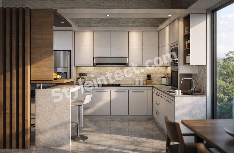 Modern Modular Kitchen Design with U-Shaped White Cabinets, Stone Countertops, Wooden Accents, and Luxury Kitchen Interior for Contemporary Homes