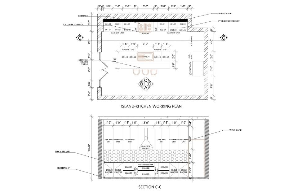 Modern Island Kitchen Design Working Plan: A Functional Modular Kitchen for Spacious Homes