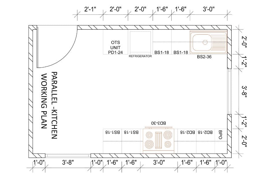 Parallel Kitchen Working Plan with Dimensions for a Functional Modern Home
