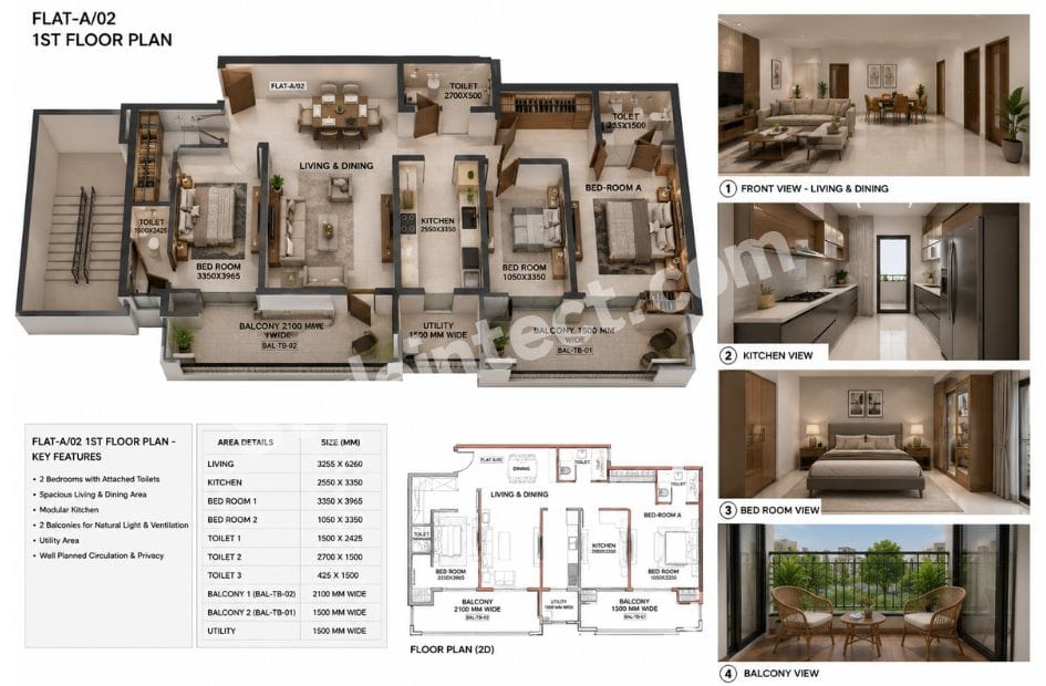 Modern Apartment Floor Plan with Smart Space Planning, Bedrooms, Kitchen and Balcony Design