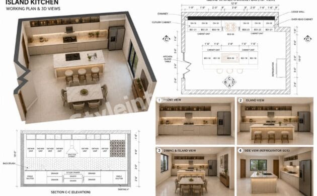 Modern Island Kitchen Design Working Plan: A Functional Modular Kitchen for Spacious Homes