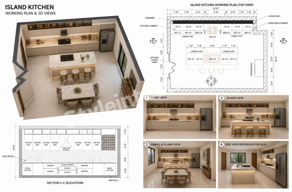 Modern Island Kitchen Design Working Plan: A Functional Modular Kitchen for Spacious Homes