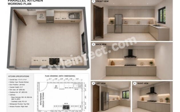 Parallel Kitchen Working Plan with Dimensions for a Functional Modern Home