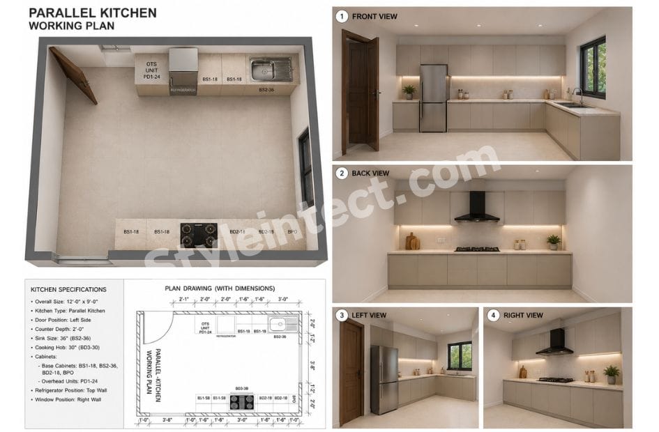 Parallel Kitchen Working Plan with Dimensions for a Functional Modern Home