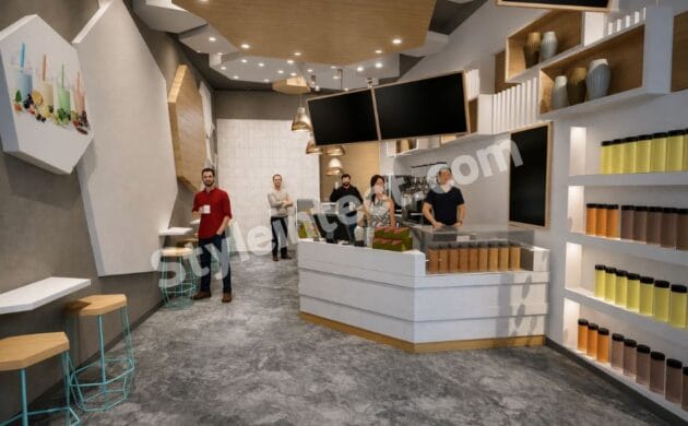 Modern Coffee Shop Interior Design with Premium Café Counter, Contemporary Commercial Interior Design & Smart Space Planning