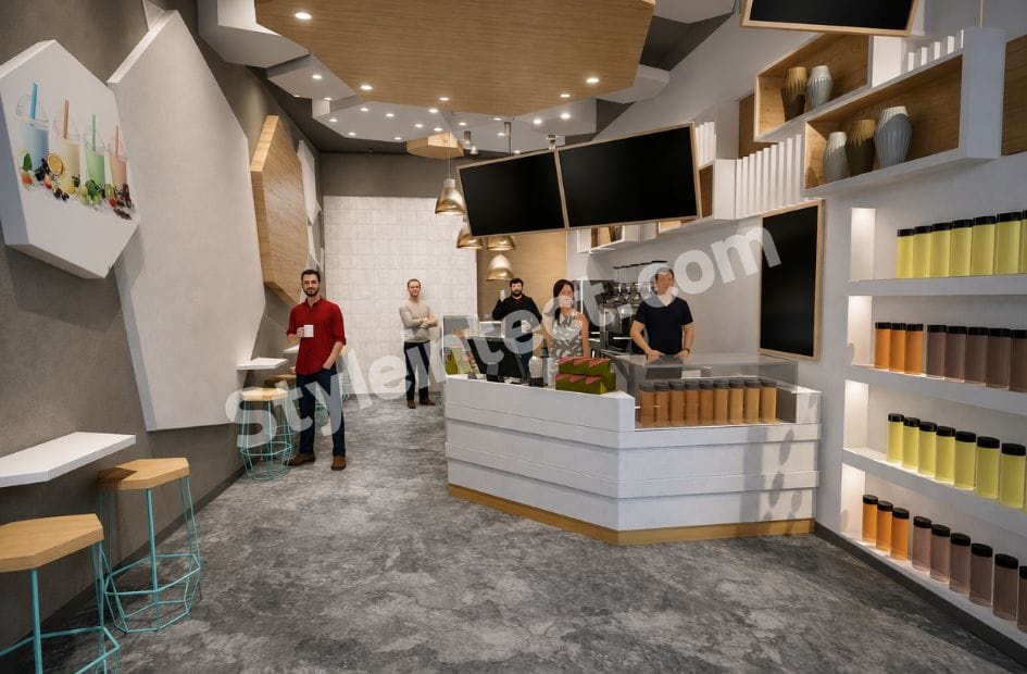 Modern Coffee Shop Interior Design with Premium Café Counter, Contemporary Commercial Interior Design & Smart Space Planning