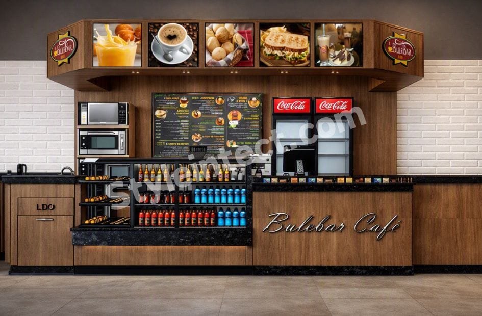 Modern Café Interior Design with Functional Coffee Shop Counter and Commercial Space Planning