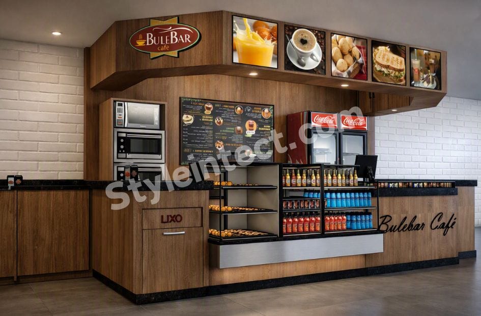 Modern Café Interior Design with Functional Coffee Shop Counter and Commercial Space Planning