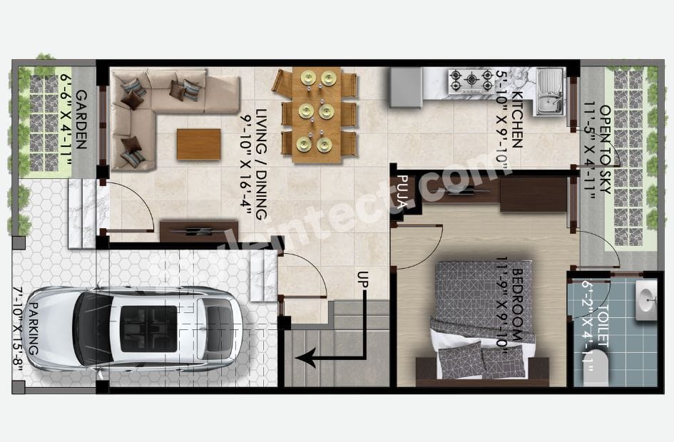 Modern House Floor Plan with 3 BHK Layout, Terrace, Garden and Smart Space Planning