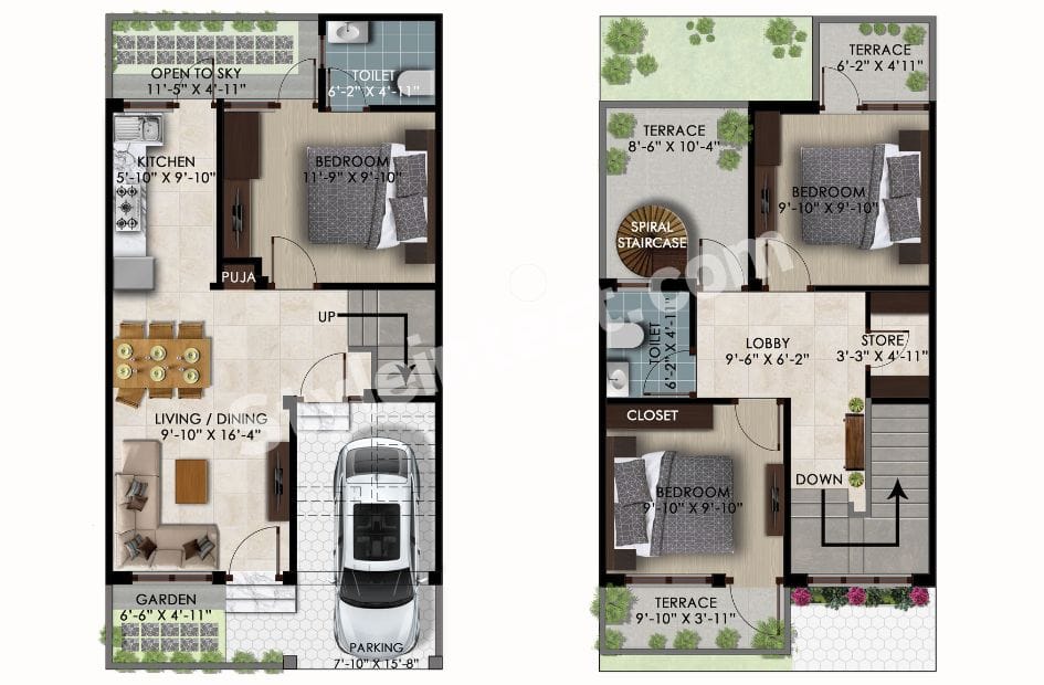 Modern House Floor Plan with 3 BHK Layout, Terrace, Garden and Smart Space Planning