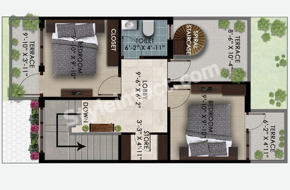 Modern House Floor Plan with 3 BHK Layout, Terrace, Garden and Smart Space Planning