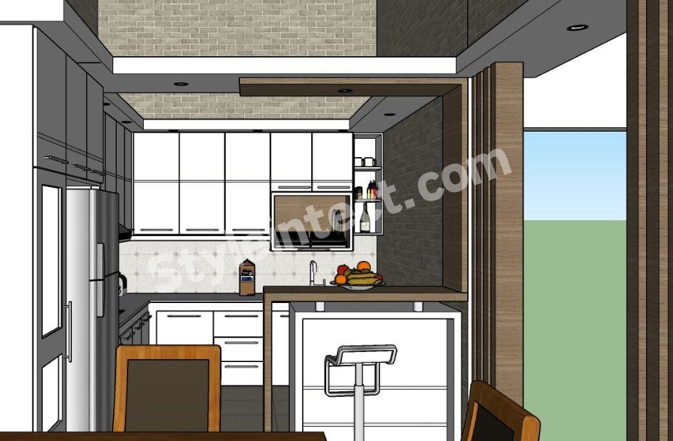 Modern Modular Kitchen Design with L-shaped white kitchen, breakfast counter, white cabinets, grey stone countertop, built-in appliances, and contemporary kitchen interior.