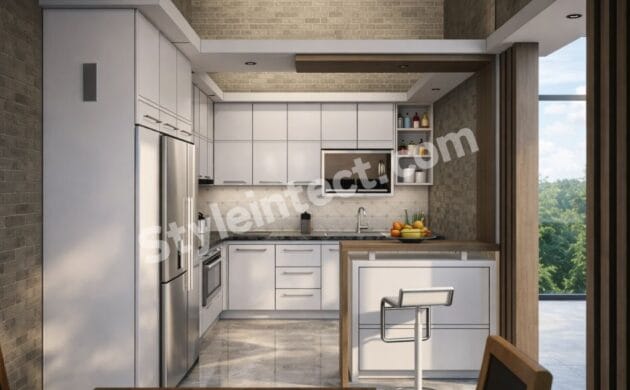 Modern Modular Kitchen Design with L-shaped white kitchen, breakfast counter, white cabinets, grey stone countertop, built-in appliances, and contemporary kitchen interior.