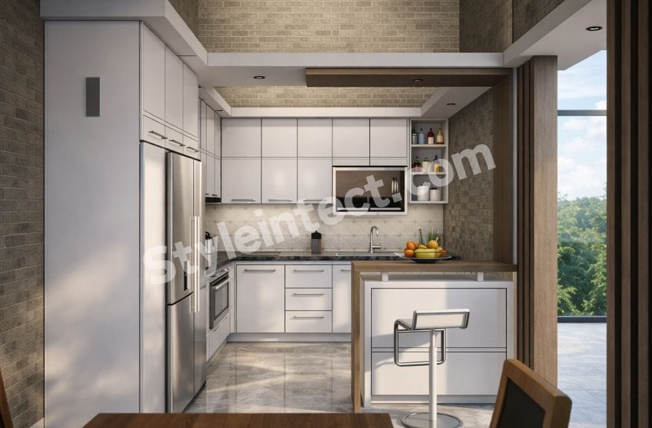 Modern Modular Kitchen Design with L-shaped white kitchen, breakfast counter, white cabinets, grey stone countertop, built-in appliances, and contemporary kitchen interior.