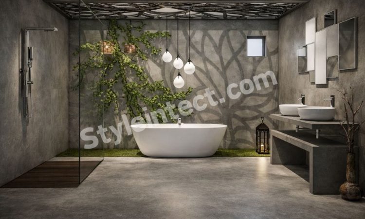 Luxury Modern Bathroom Interior Design with Glass Shower, Freestanding Bathtub & Nature-Inspired Elegant Decor