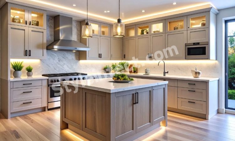 Luxury modular kitchen design with L-shaped greige Shaker cabinets, center island, white stone countertop, marble-look backsplash, pendant lighting, and premium residential kitchen interior.